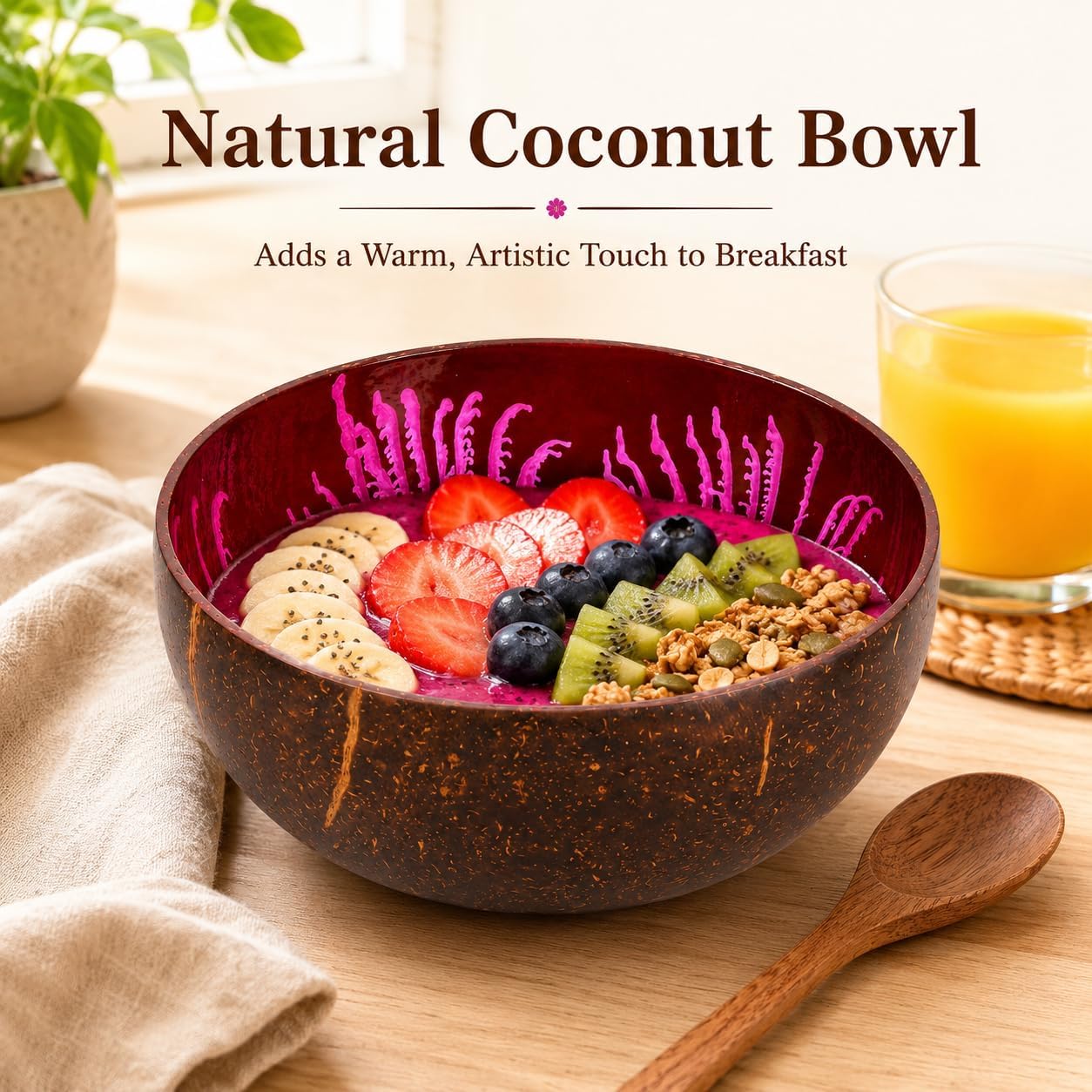 ChezMax Natural Coconut Bowl with Mother of Pearl Inlays - Key Bowl & Fruit Snack Holder (Blue-Gold)