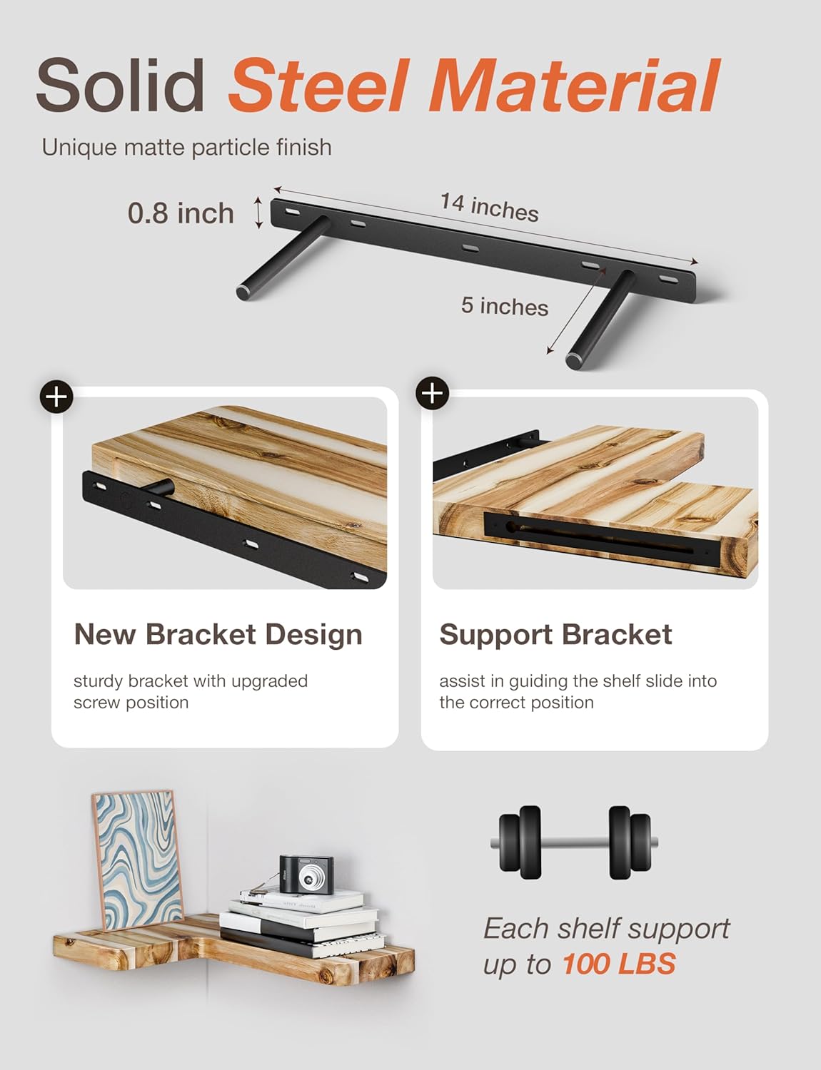 BATODA Acacia Wood Corner Floating Shelves 17" x 12"– Corner Shelf Wall Mounted - Floating Book Shelves for Wall - Brackets and Shelving Hardware Included for Kitchen, Living Room, Bathroom (Set 2)