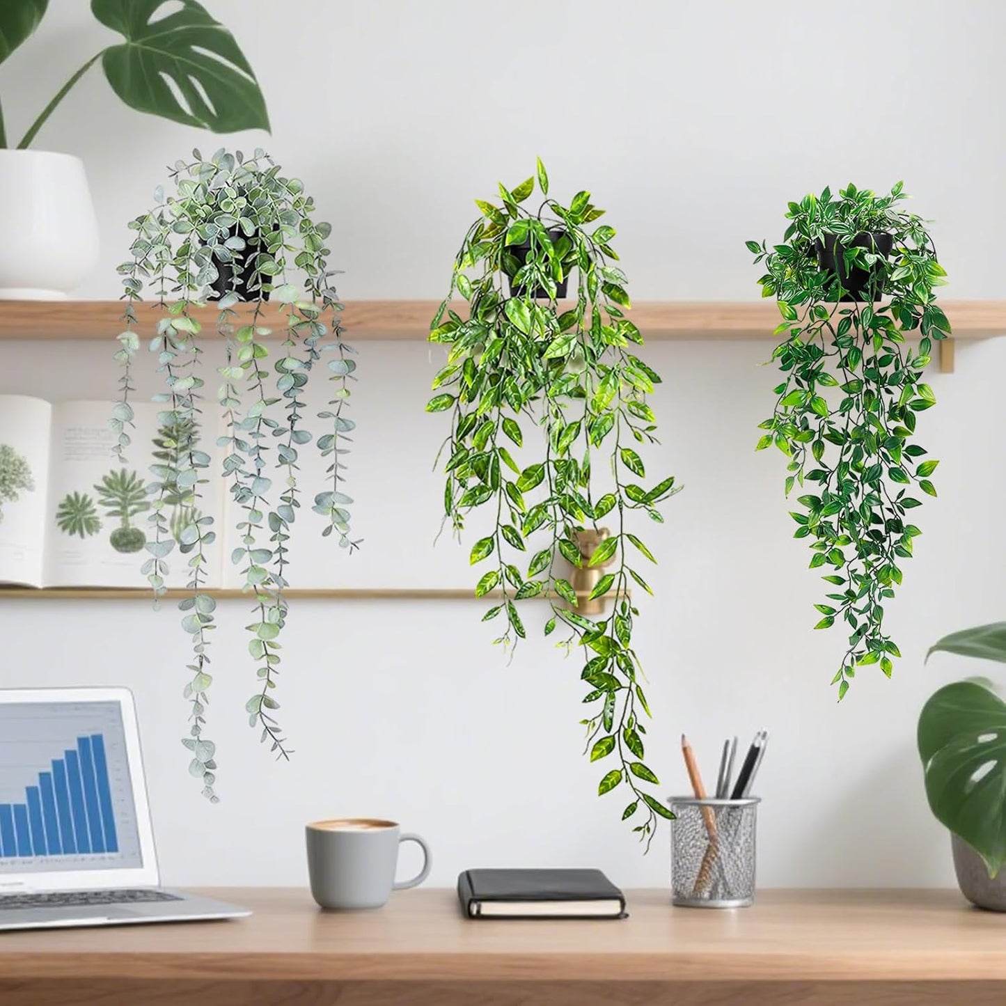 Clearain 1pcs Fake Hanging Plants, Artificial Small Potted Plants, Mini Faux Succulent Plant for Indoor Outdoor Aesthetic Office Living Room Shelf Home Decor (Eucalyptus leaves-1pcs)