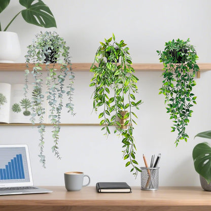 Clearain 1pcs Fake Hanging Plants, Artificial Small Potted Plants, Mini Faux Succulent Plant for Indoor Outdoor Aesthetic Office Living Room Shelf Home Decor (Eucalyptus leaves-1pcs)