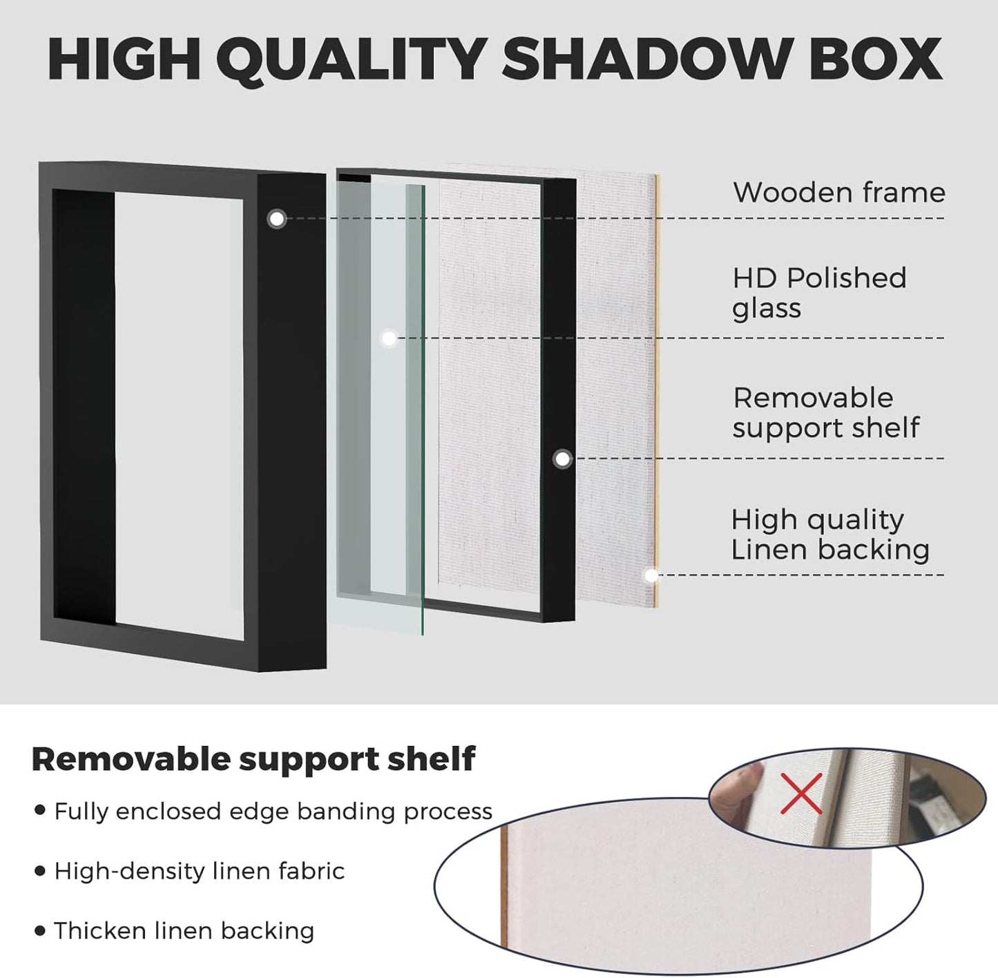 Muzilife 8x8 Shadow Box Picture Frame with Linen Board - Deep Wood & Glass Display Case Ready to Hang Memory Box Baby Sports Memorabilia, Pins, Awards, Medals, Wedding, Tickets and Photos (Black)