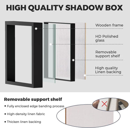 Muzilife 8x8 Shadow Box Picture Frame with Linen Board - Deep Wood & Glass Display Case Ready to Hang Memory Box Baby Sports Memorabilia, Pins, Awards, Medals, Wedding, Tickets and Photos (Black)