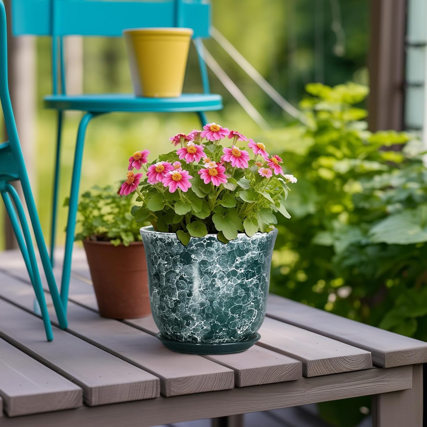 Ceramic Plant Pots - 12 Inch Pots for Plants Indoor Outdoor, Large Round Planter with Drainage Hole and Saucer, Modern Decorative Flower Pot, Home Garden Decor, House Warming Gifts, Blue