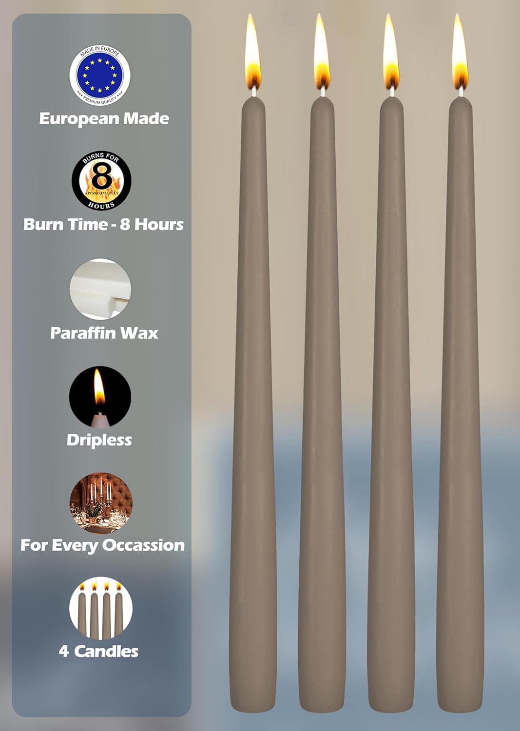 Hyoola Tall Taper Candles - 10 Inch Metallic Gold Unscented Dripless Taper Candles - 8 Hour Burn Time - 4 Pack