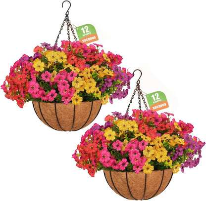 2 Set Artificial Hanging Flowers with Basket for Outdoor Spring Summer Decor, 2 Hanging Planters with 24 Pcs Silk Daisy Flowers for Garden Porch Patio Balcony Decoration
