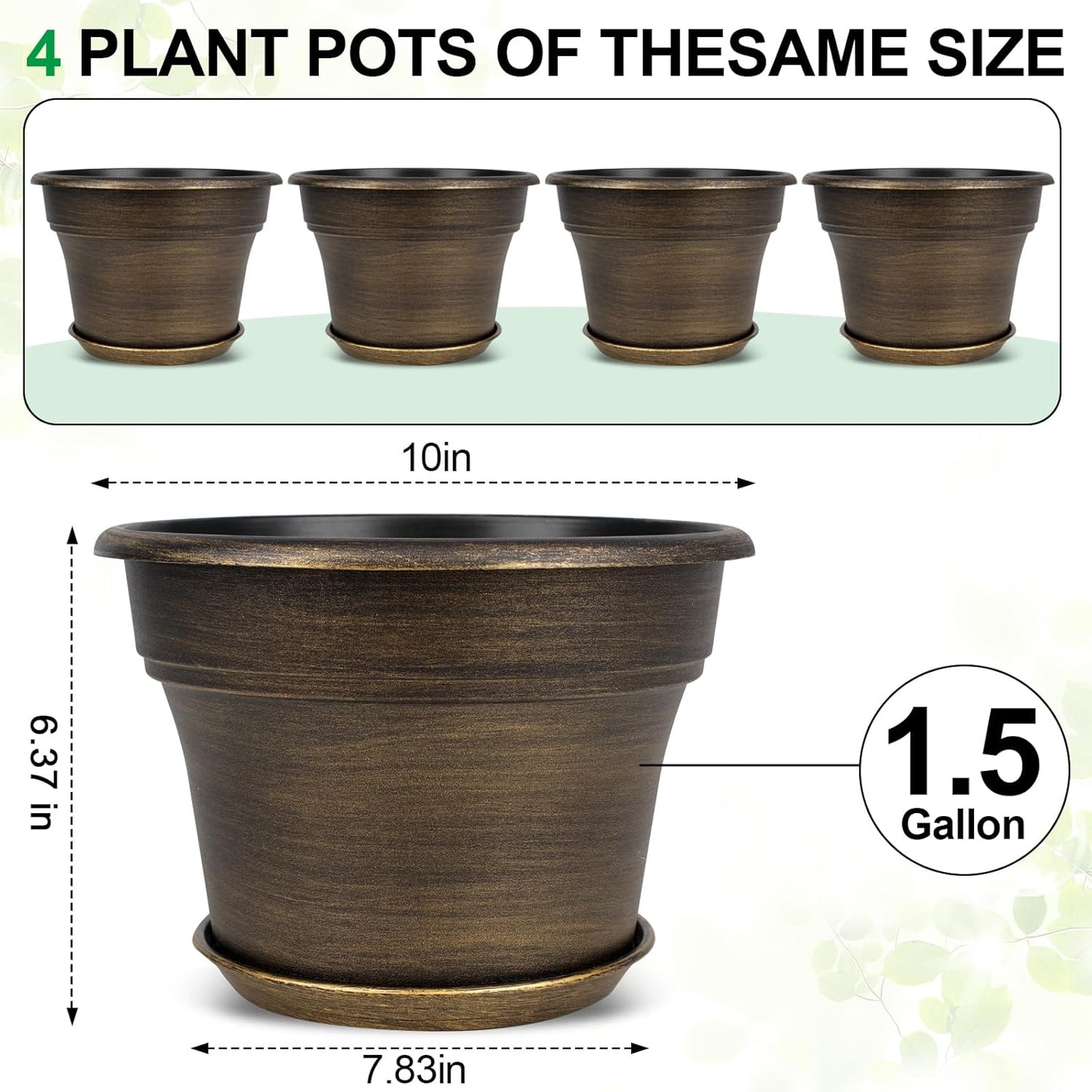 Fodetyff 10 Inch Planters Plant Pots Indoor Outdoor, 4 Pack Plastic Flower Pot for Indoor Plants with Drainage Holes & Trays, Resin Decorative Container Sets with Saucer for House Garden Copper