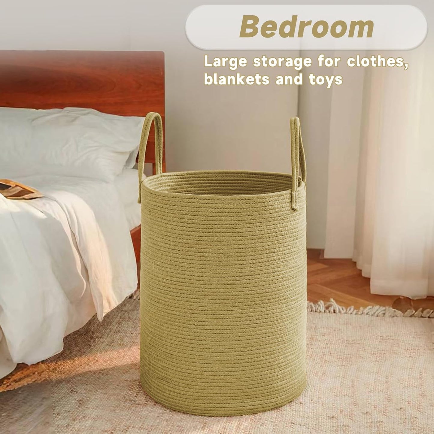 JMvicyroam Large Woven Laundry Basket Hamper,60L Cotton Rope Storage Bin for Blankets,Toys and Clothes,Decorative Tall Nursery Hamper for Living Room,Baby Nursery,Bathroom and Bedroom,Brown