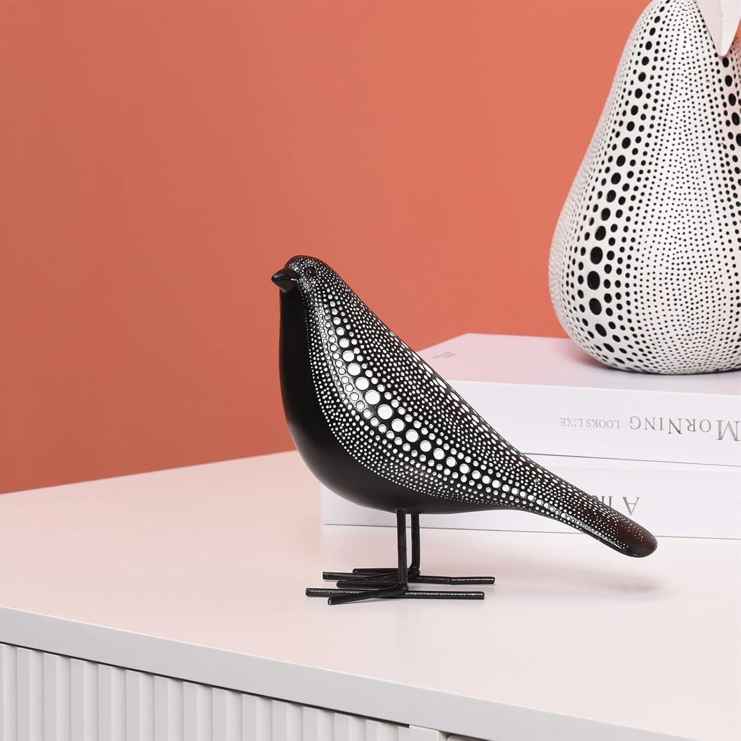 Quoowiit Bird Figurine, Modern Sculpture and Statues for Home Decor, Animal Statues for Bookshelf, Table, Entryway, Fireplace, Resin Decorative Sculpture with Chic Polka Dots Art Design (White)