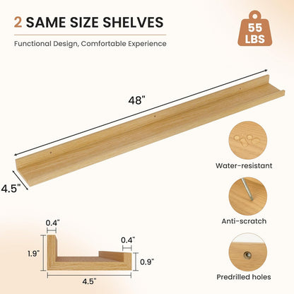 Dreamland Picture Ledge Shelf for Wall, Floating Shelves Set of 2, 48 Inch Long Floating Shelves with Lip for Living Room, Bedroom, Bathroom, Kitchen, White
