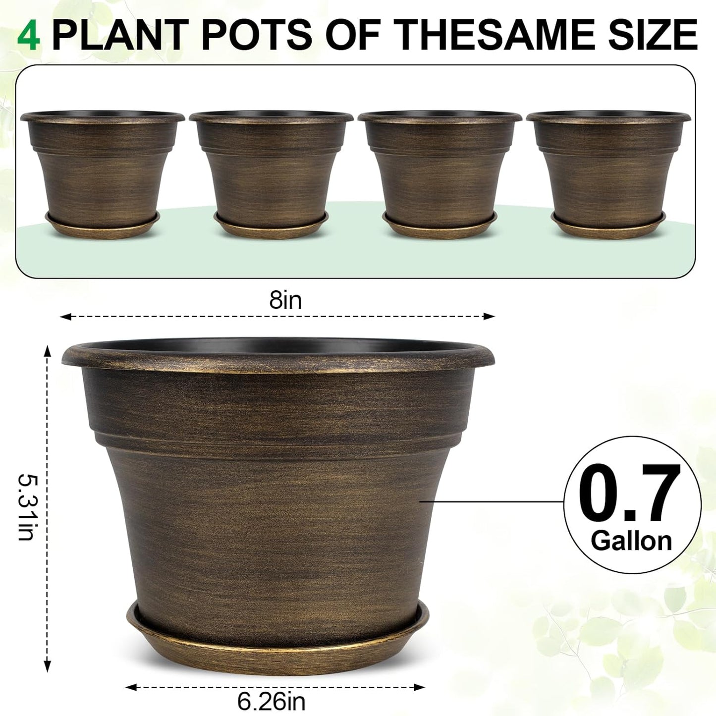 Fodetyff 10 Inch Planters Plant Pots Indoor Outdoor, 4 Pack Plastic Flower Pot for Indoor Plants with Drainage Holes & Trays, Resin Decorative Container Sets with Saucer for House Garden Copper