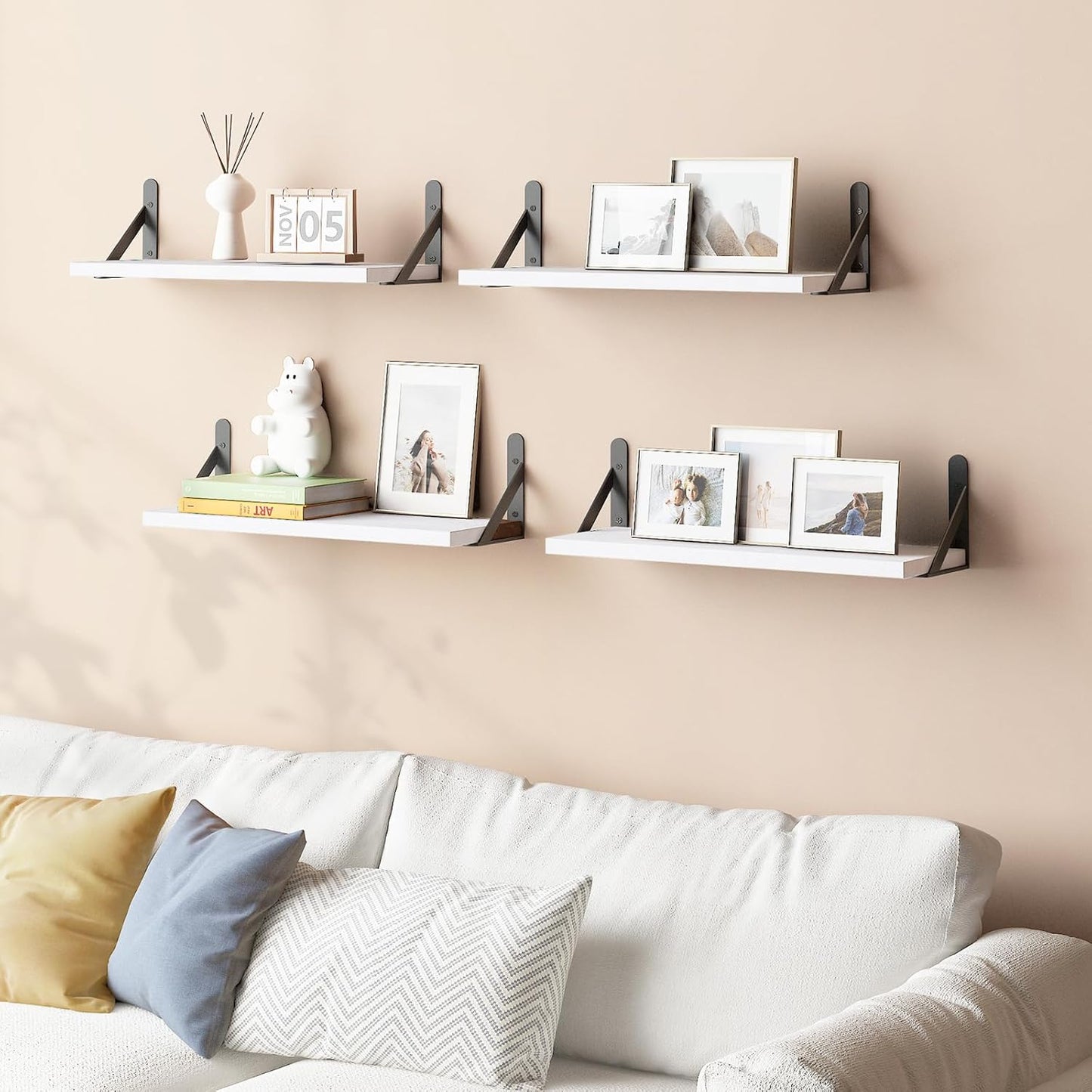 YGEOMER Brown Floating Shelves for Wall, 16.5 Inch Farmhouse Wall Shelves for Bedroom, Bathroom Storage, Living Room and Kitchen Decor (Set of 6 Brown)