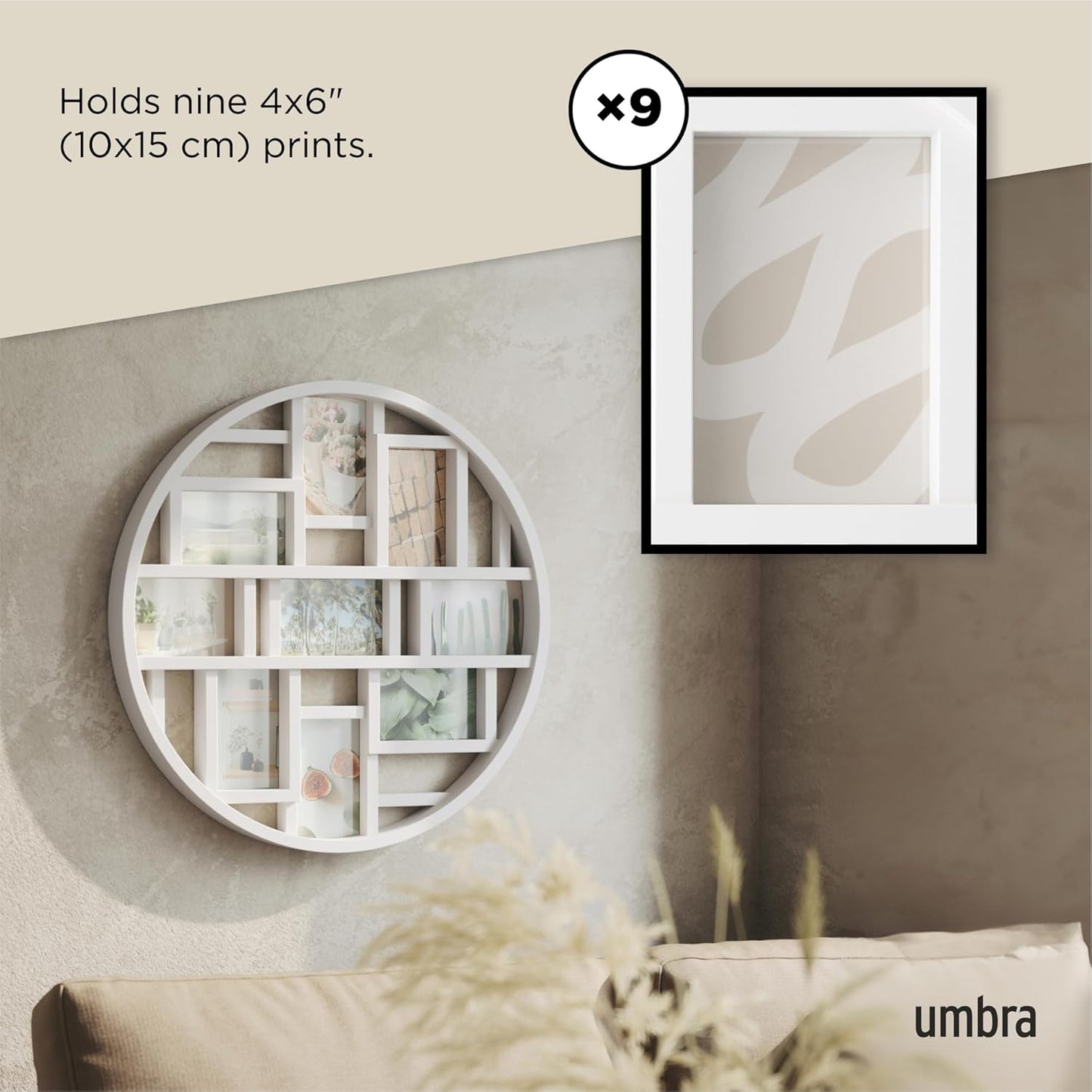 Umbra Luna Collage Picture Frame Holds Nine 4x6" Photos, Large 22-Inch Diameter, Black
