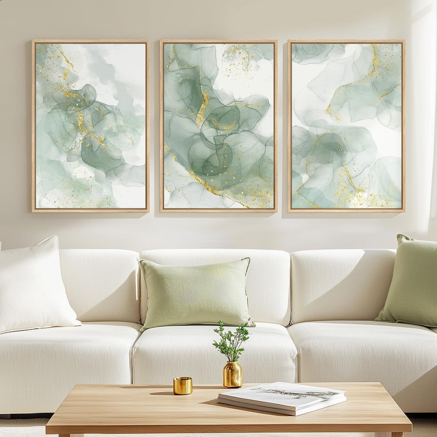 Large Framed Abstract Nature Landscape Wall Art for Living Room, Set of 3 Modern Canvas Prints Paintings Artwork for Walls, Green Lake Pictures for Hallway, Dining Room, Office Wall Decor 24x36 Inch