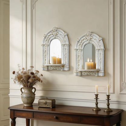Three-Dimensional Relief Candle Sconces Set 2 Rustic Wall Mount Candle Holders Wood Hanging Wall Decor Mirrored Wall Art Hand Carved Home Decoration Gold