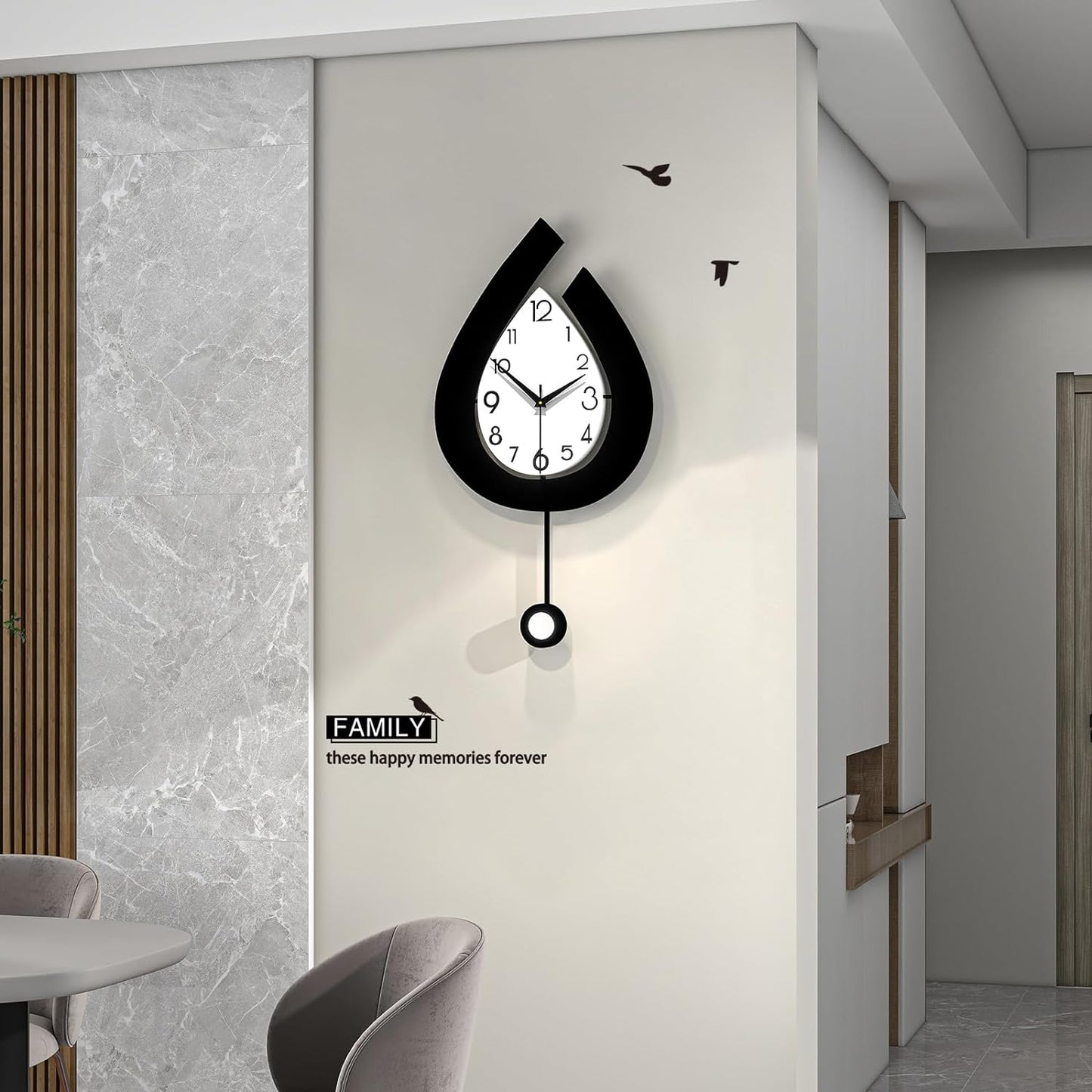 Decorative Wall Clock for Living Room Decor Large Modern Wall Clocks with Pendulum Battery Operated for Bedroom Office Kitchen Home Small Black Silent Wall Clock Non Ticking 11.8*22.4 Inch