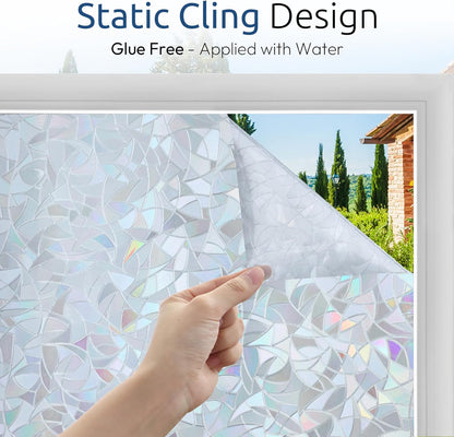 rabbitgoo Window Privacy Film Rainbow Film Decorative Window Sticker, 3D Static Stained Glass Cling Tint for Home Heat Control Non-Adhesive, 17.5 x 78.7 inches