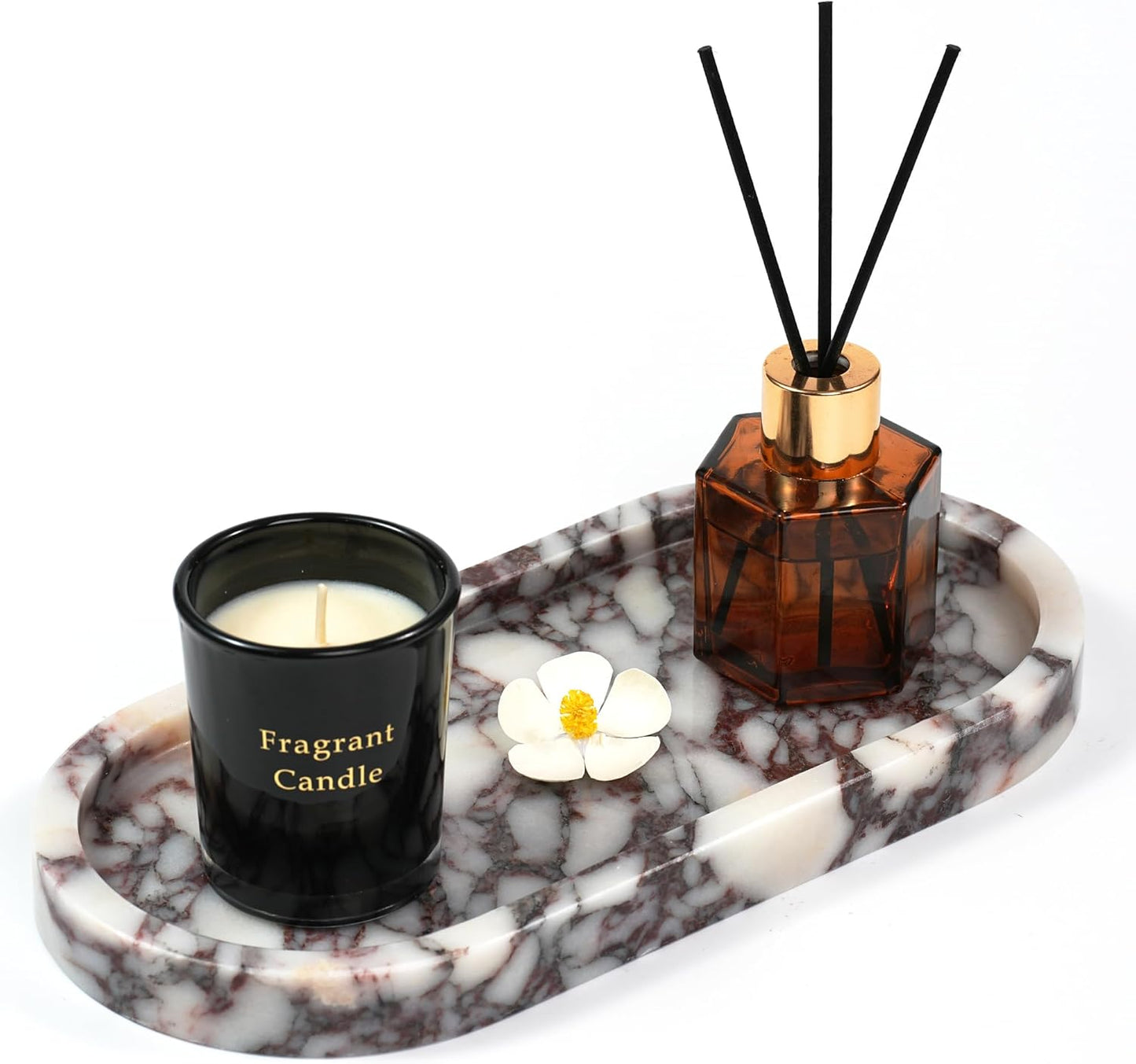Marble Perfume Tray with Legs - Oval Decorative Stone Pedestal for Bathroom Vanity Coffee Table Kitchen Countertop, Footed Jewelry Candle Organizers Catchall Plate Riser with Scalloped Feet