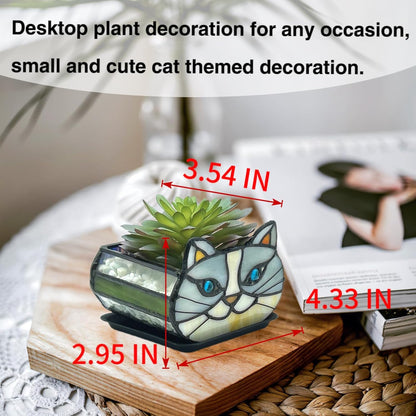 Tiffany Stained Glass Fun Moon Sleeping Cat Planter，Cactus Planter，Cute Planters for Indoor Plants,Decorative Flower Pots As Gifts for Cat Lovers，4.6x3x5.15 in