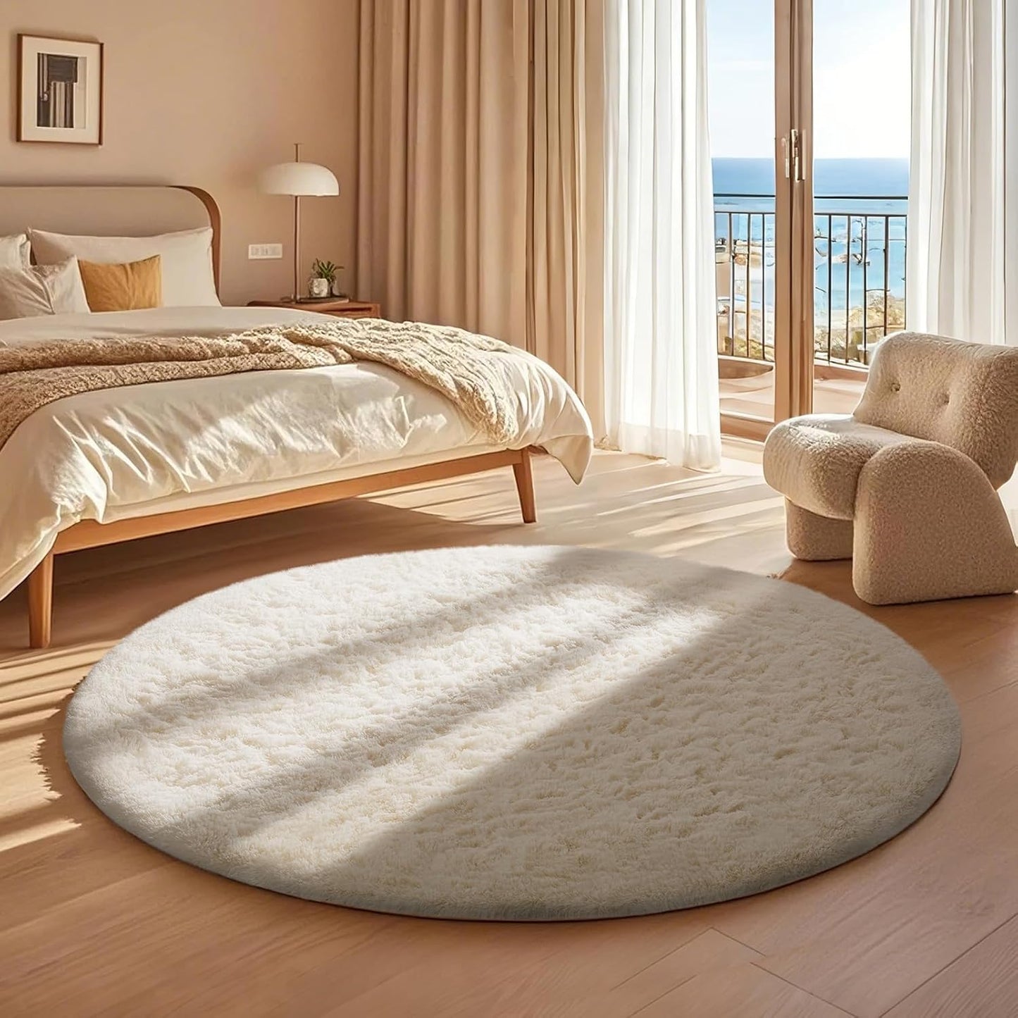 Ophanie Round Rugs 5Ft Ivory Circle Area Rug, Nursery Room Decor, Christmas Aesthetic Bedroom Home Circular Carpet 5 Foot, Fluffy Fuzzy Shag Plush Cream Living Room Rugs for Kids Boys Girls Teen Baby