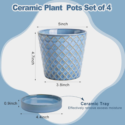 EFISPSS Flower Planter –5 inch Ceramic Plant Pots with Drainage Hole and Ceramic Tray - Gardening Home Desktop Office Windowsill Decoration Gift Set of 4 - Plants NOT Included