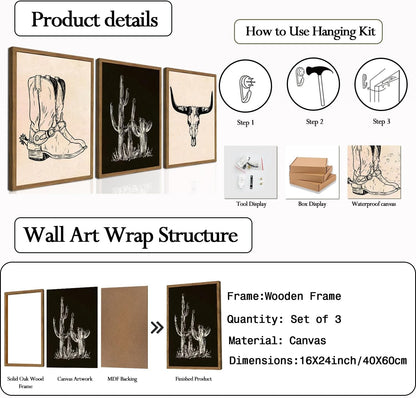 Western Wall Art Set of 3, Southwestern Cowboy Playing Card Wall Decor, Longhorn Bull Skull and How Lucky are We Poster Canvas Painting Prints for Bedroom Living Room 12x16 inch Wood Framed
