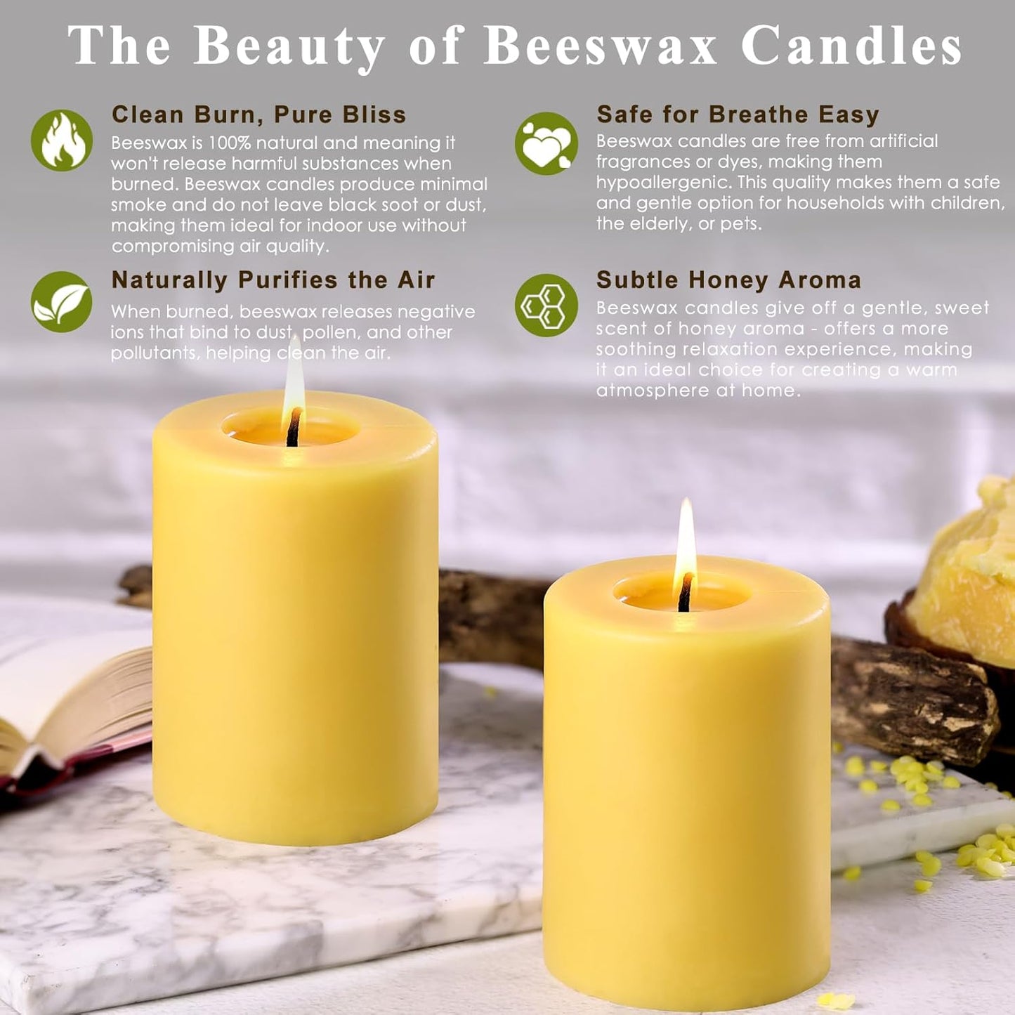 Natural Beeswax Candles 4 Packs, Beeswax Pillar Candles with 140 Hours Burn Time, Organic Emergency Candle Long Burning for Home Room, Smokeless & Dripless, 2x4 inch