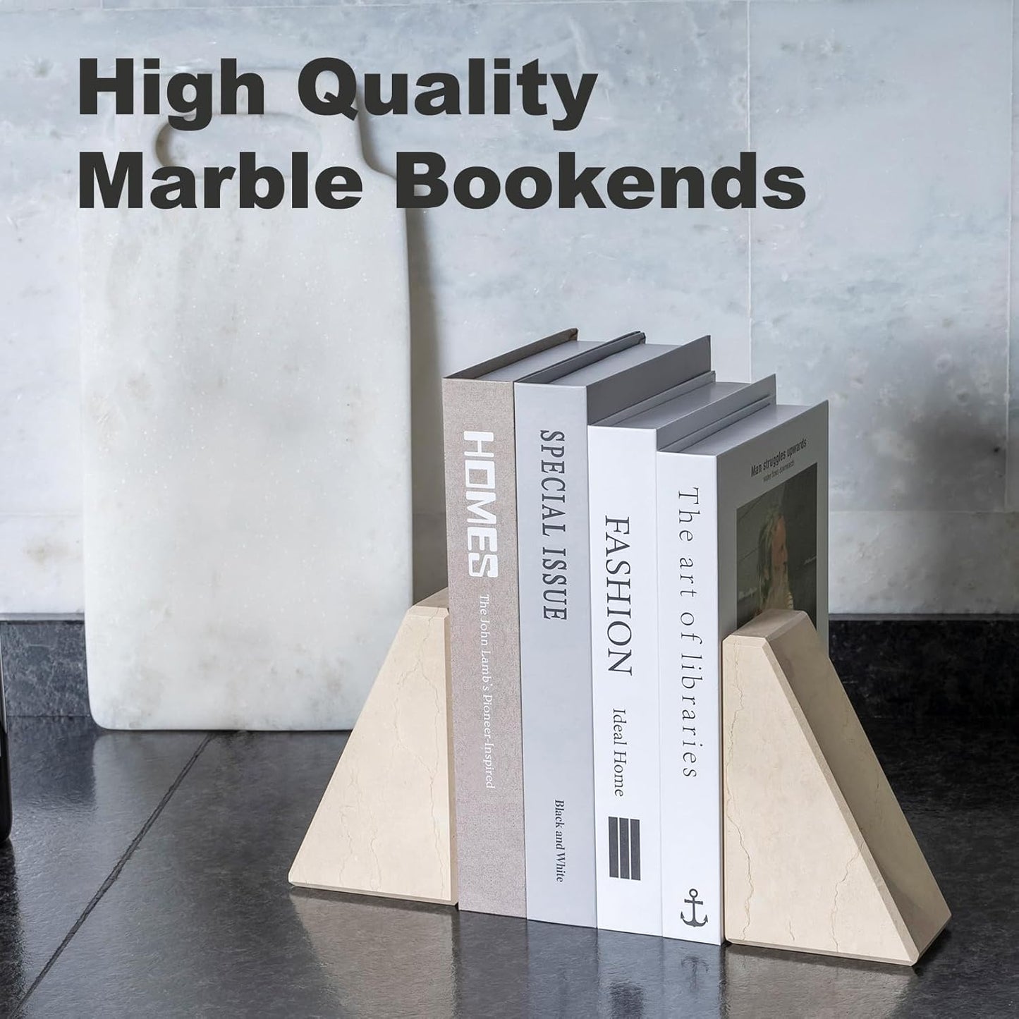 Karibiber Travertine Bookends for Heavy Books, Marble Decorative Bookends for Shelves, Heavy-Duty Stone Book Ends for Hardback Book & Cookbooks, Unique Book Stopper & Holder, Travertino Italy