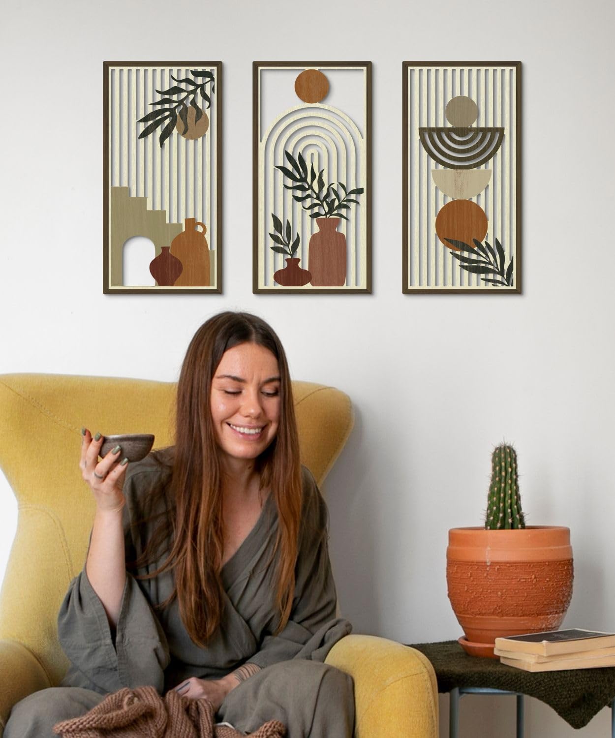 Putuo Decor Boho Abstract Wall Art, Set of 3, Modern Botanical Wooden Wall Decor, Blue Mid-Century Minimalist Framed Artwork for Living Room Bedroom, Office