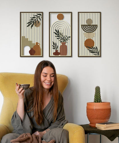 Putuo Decor Boho Abstract Wall Art, Set of 3, Modern Botanical Wooden Wall Decor, Blue Mid-Century Minimalist Framed Artwork for Living Room Bedroom, Office