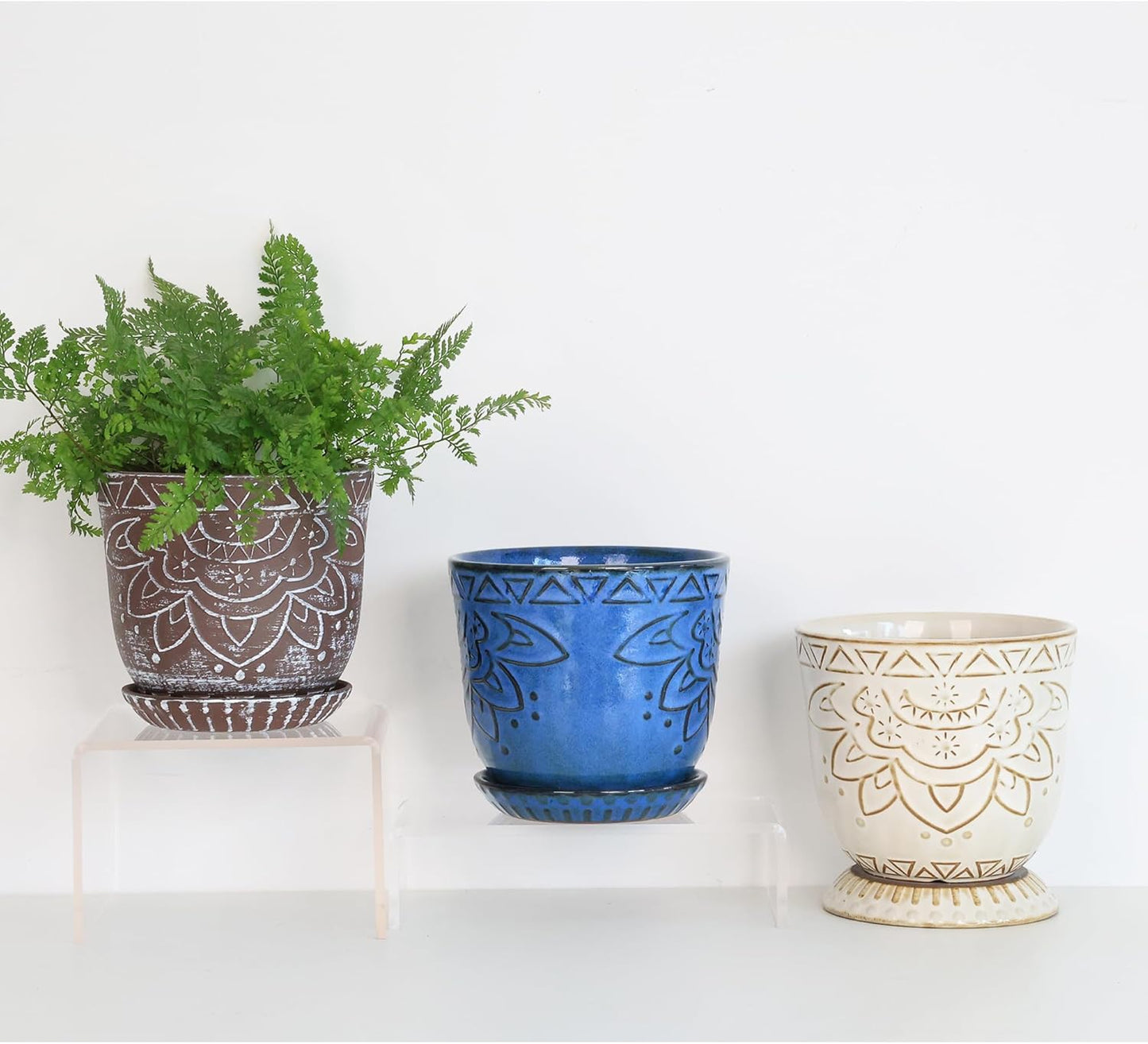 Gepege 6 Inch Beaded Ceramic Planter Set of 2 with Drainage Hole and Saucer for Plants, Indoor-Outdoor Large Round Succulent Orchid Flower Pot (Smoked Gray, Inner-pots not Larger Than 5 Inch)