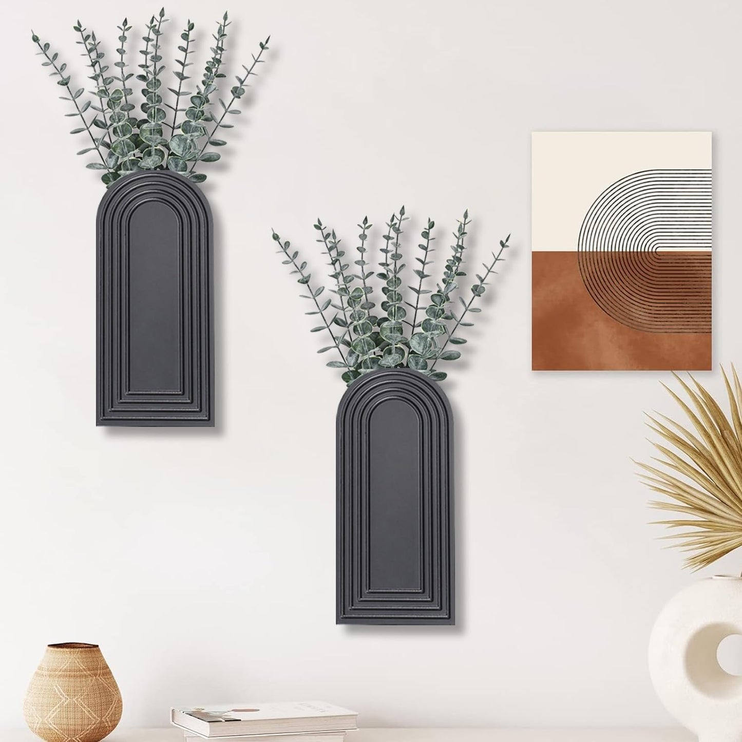 Dnnnii 2 Pack Wooden Wall Vase Set - Brown Finish Modern Farmhouse & Boho Wall Decor for Entryway, Hallway, Bathroom, Living Room, Dining Room, Narrow Spaces