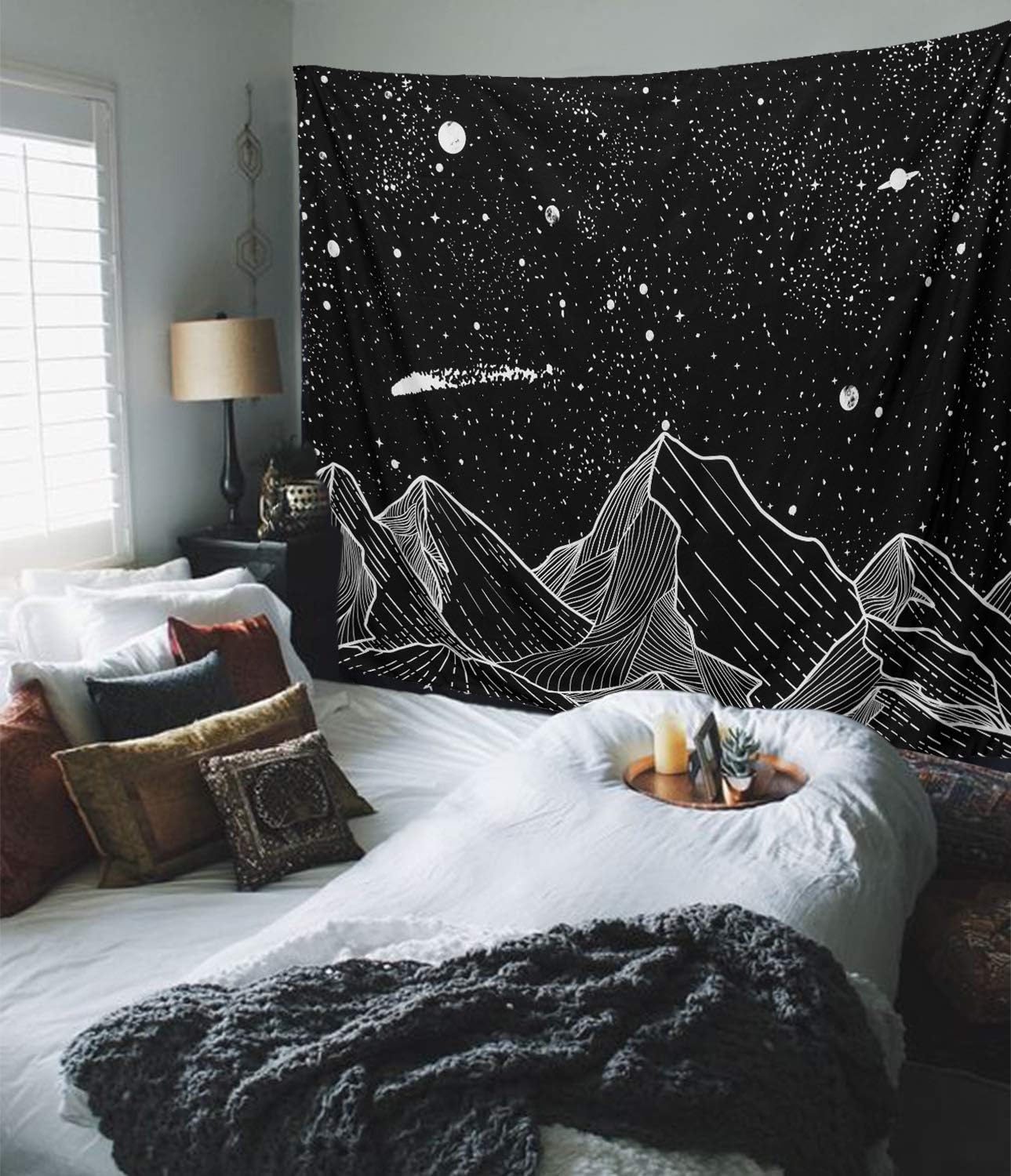 Zussun Black and White Tapestry Starry Night Mountain Tapestries for Bedroom Aesthetic Moon and Stars Tapastry's Wall Hanging Dark Nature Forest Wall Tapestry for Living Room Dorm (48'' × 36'')