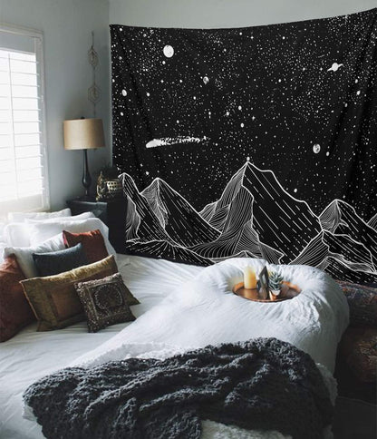 Zussun Black and White Tapestry Starry Night Mountain Tapestries for Bedroom Aesthetic Moon and Stars Tapastry's Wall Hanging Dark Nature Forest Wall Tapestry for Living Room Dorm (48'' × 36'')