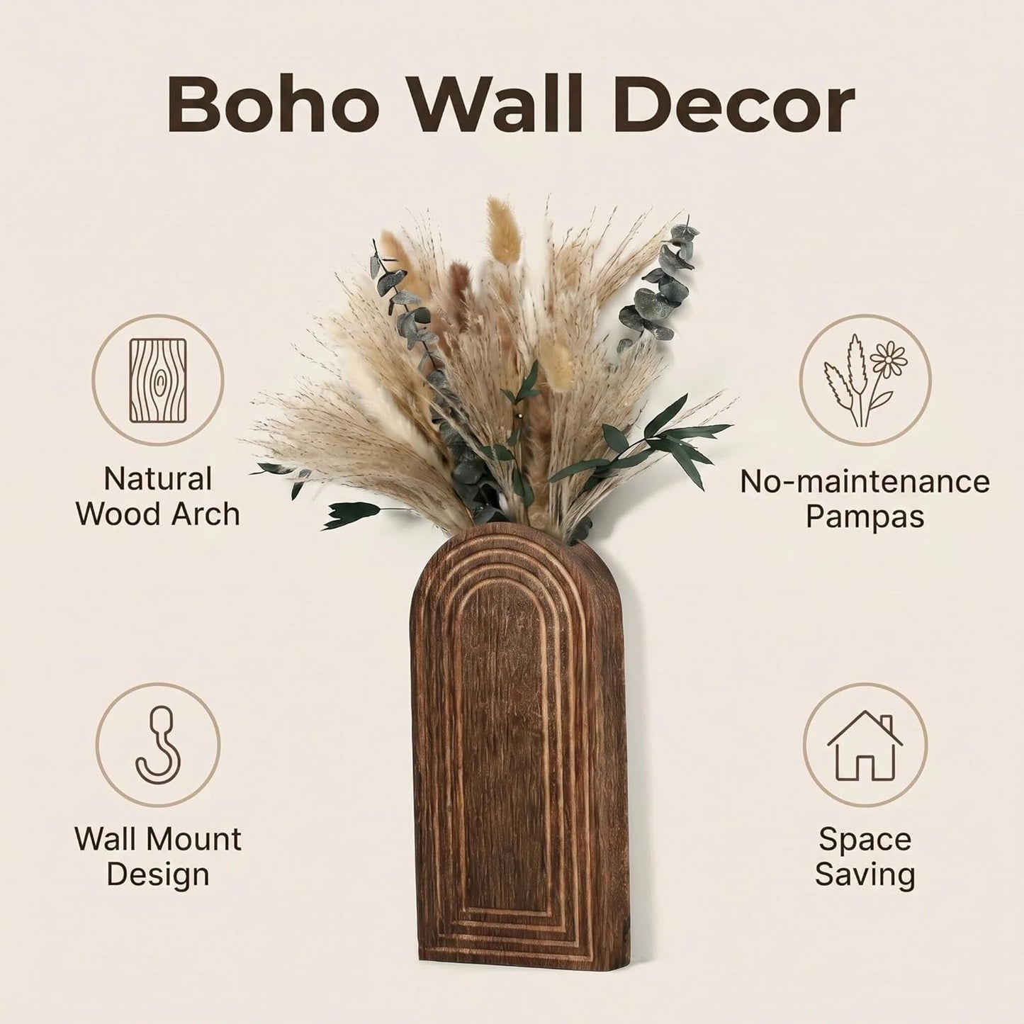 Wooden Wall Planter Set of 4 - Modern Home Decor for Living Room, Bedroom, Bathroom - Walnut Finish Planter for Dried Flowers, Faux Greenery, Indoor Plants