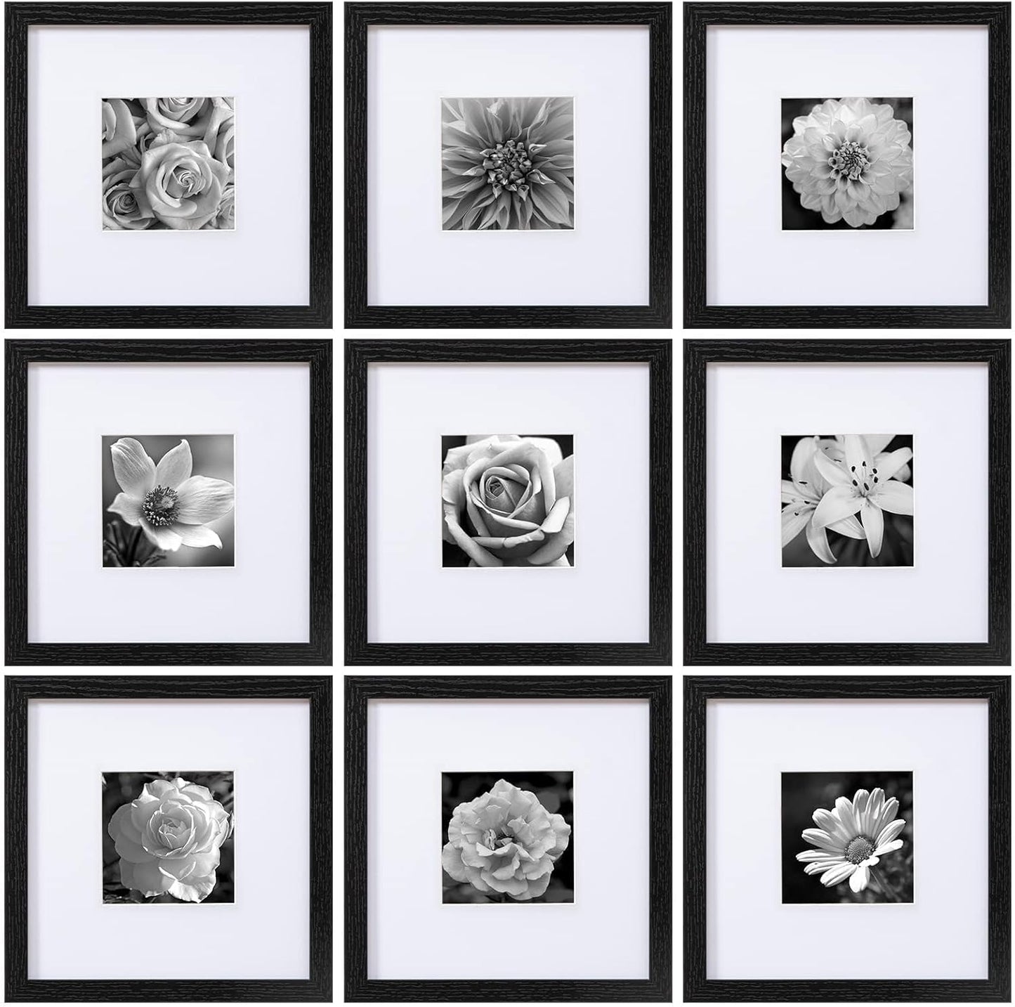 eletecpro 12x12 Picture Frames Set of 9 with Clear Acrylic Cover, Display 8x8 Photos with Mat or 12x12 Without, Classic and Sturdy Square Collage Gallery Wall Decor, Easy Wall Mount, Black