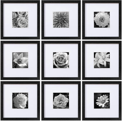 eletecpro 12x12 Picture Frames Set of 9 with Clear Acrylic Cover, Display 8x8 Photos with Mat or 12x12 Without, Classic and Sturdy Square Collage Gallery Wall Decor, Easy Wall Mount, Black