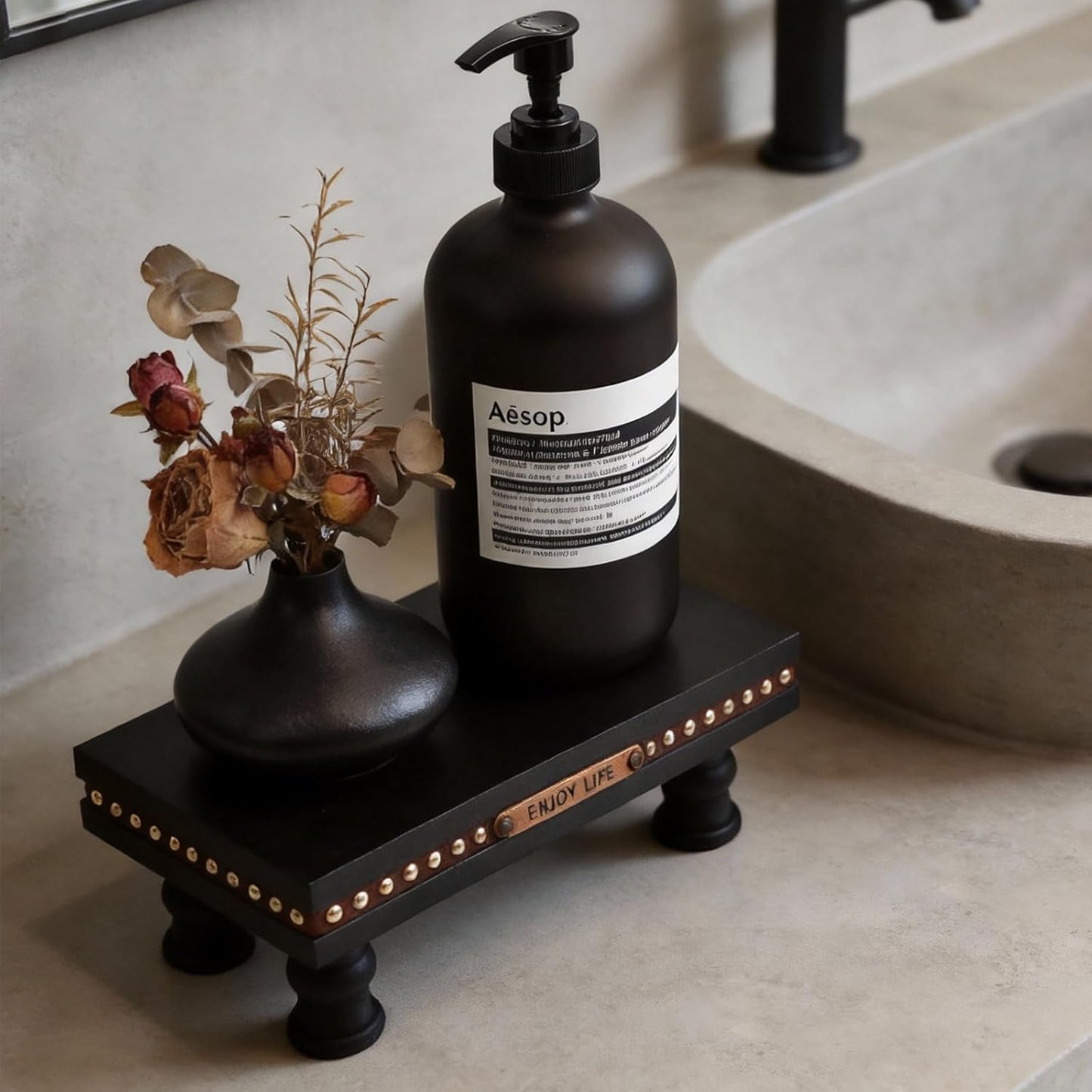 Wood Tray Pedestal Stand, Waterproof Bathroom Counter Organizer, Modern Farmhouse Riser for Soap/Candle/Sponge White Small