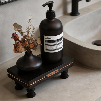 Wood Tray Pedestal Stand, Waterproof Bathroom Counter Organizer, Modern Farmhouse Riser for Soap/Candle/Sponge White Small