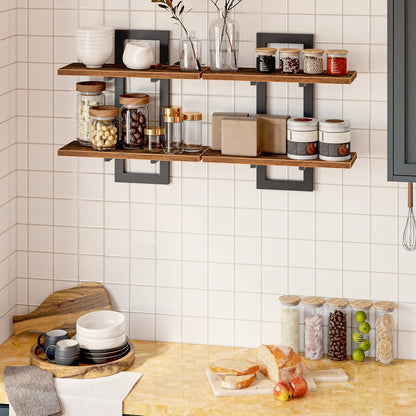 HOOBRO Floating Shelves, 15 Inch Wall Shelf Set of 2, Wall Mounted Storage Shelves 2-Tier, Hanging Bathroom Shelves, for Living Room, Bedroom, Bathroom, Kitchen, Rustic Brown and Black BF32BJ01G1