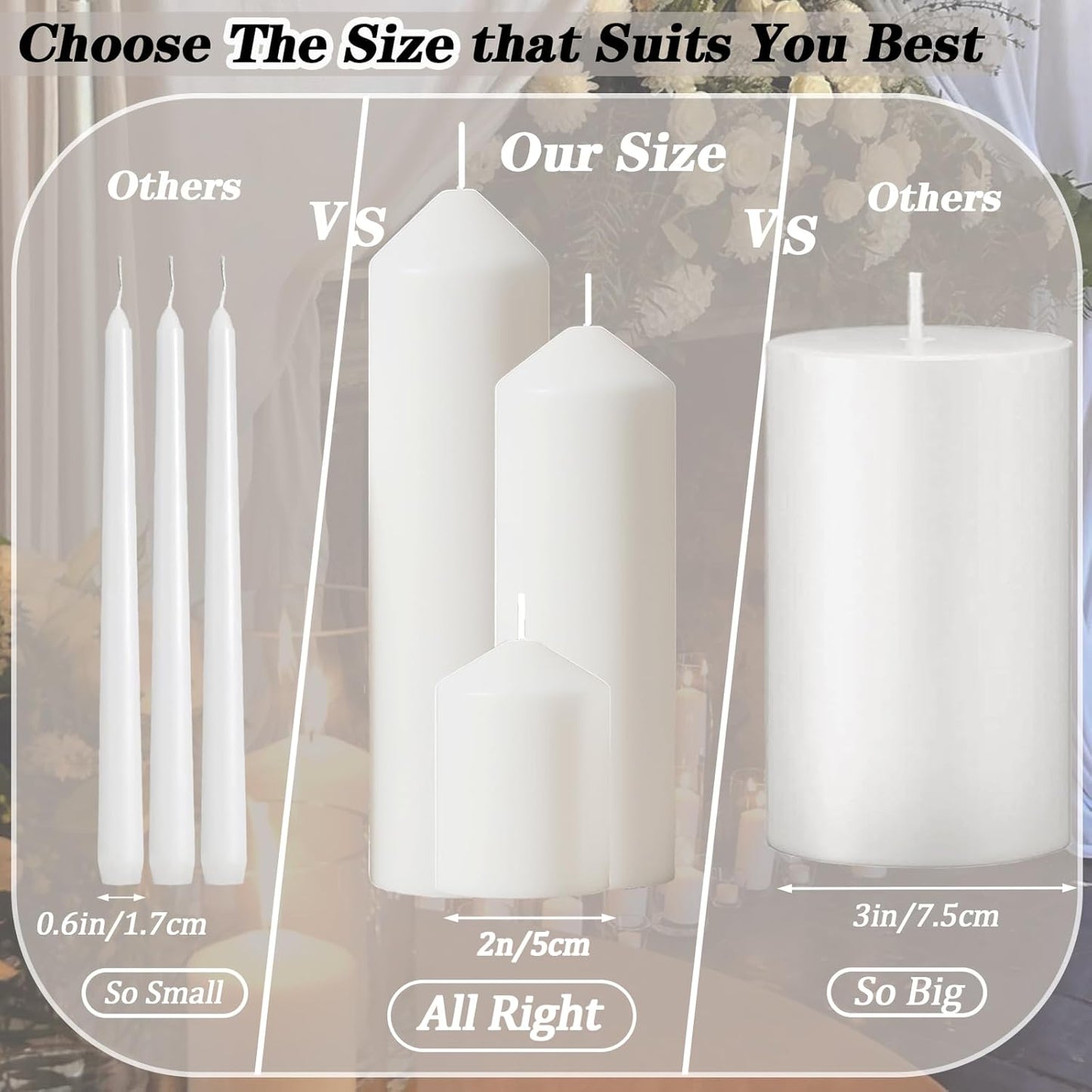 18 Pcs White Pillar Candles Bulk Set，Hurricane Candles，3 Different Lengths 2 x 3/4/6 Inch (6 Each)，Dripless Unscented Smokeless，Gives You a Better Atmosphere When Organizing an Event Party.