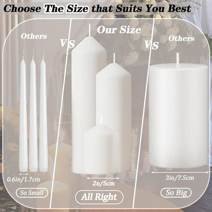 18 Pcs White Pillar Candles Bulk Set，Hurricane Candles，3 Different Lengths 2 x 3/4/6 Inch (6 Each)，Dripless Unscented Smokeless，Gives You a Better Atmosphere When Organizing an Event Party.
