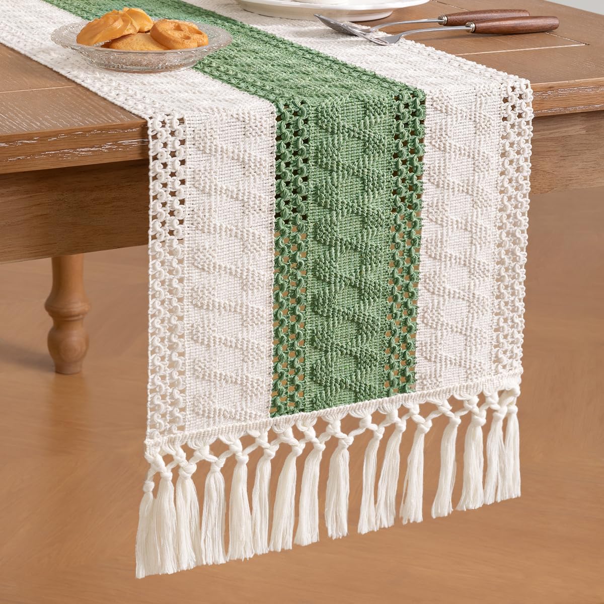 Socomi Boho Table Runner Summer Farmhouse Rustic Dining Kitchen Centerpiece Decor Small Macrame Woven Cotton Linen Coffee Table Runner for Dresser Scarf Home Decor 12x36 inch Beige