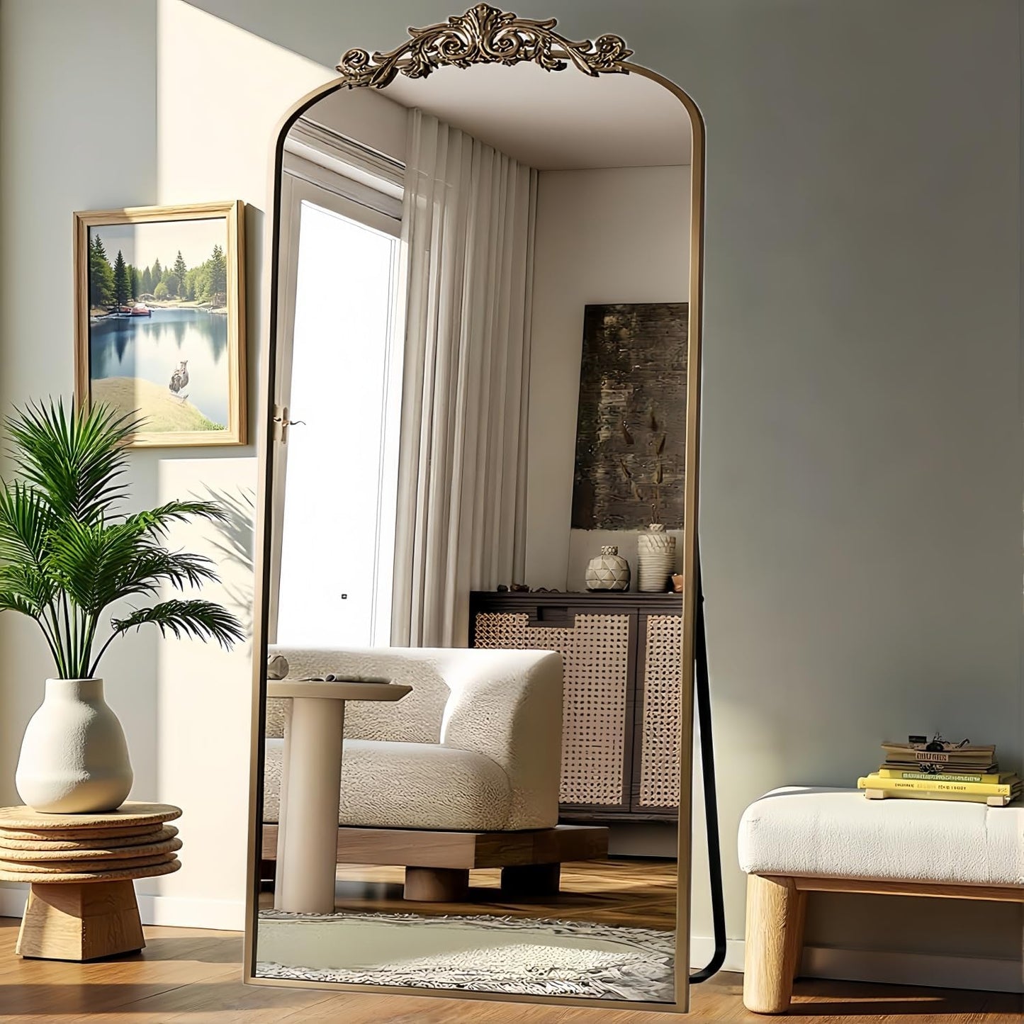 Dewfig Arched Full Length Mirror, 76"x34" Large Floor Mirror, Full Body Mirrors for Leaning or Hanging, Standing Mirrors for Bedroom, Living Room,Dressing Room, Aluminum Alloy Frame, Black