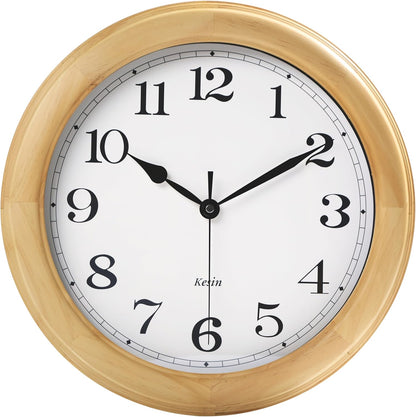 Wooden Wall Clock with Retro Design, 11 Inches Round Wall Clocks Battery Operated Silent Non-Ticking, Big Arabic Numerals, for Kitchen Living Room Classroom Gym and Pool, Brown