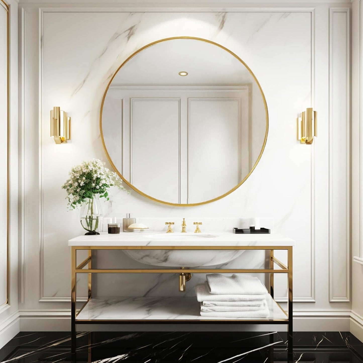 Sunniry Black Round Mirror, Round Mirror 24 inch, Black Circle Mirrors Matte Metal Frame, Wall Mounted Mirrors for Living Room, Bathroom, Wall, Entryway.