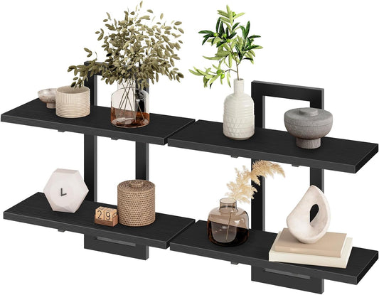HOOBRO Floating Shelves, 15 Inch Wall Shelf Set of 2, Wall Mounted Storage Shelves 2-Tier, Hanging Bathroom Shelves, for Living Room, Bedroom, Bathroom, Kitchen, Rustic Brown and Black BF32BJ01G1