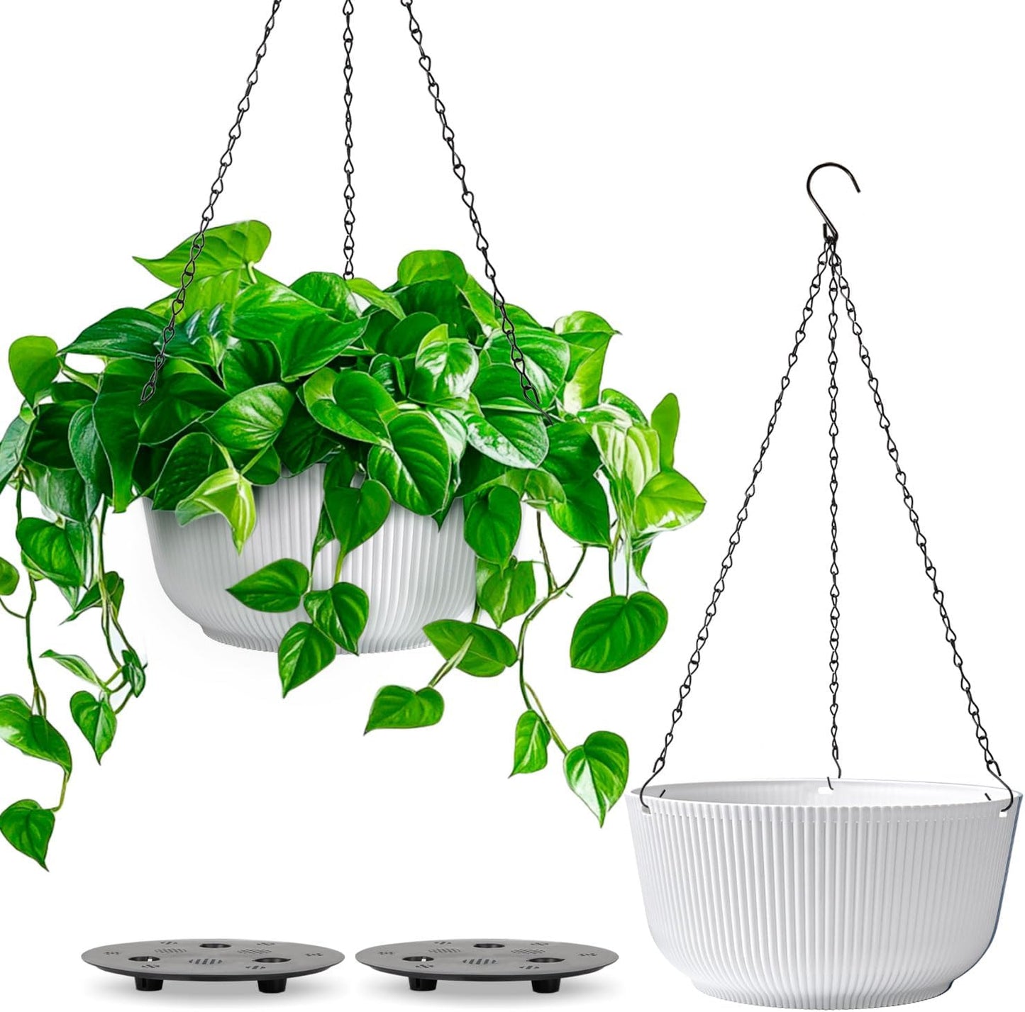 T4U 10 Inch Hanging Planters for Indoor Plants, 2 Pack White Self Watering Hanging Plant Pot, Hanging Pots Set with Drainage Hole & Plug & Chain with 3 Hooks for Garden Home Decor