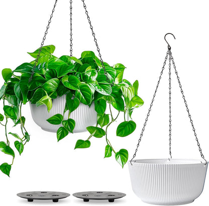 T4U 10 Inch Hanging Planters for Indoor Plants, 2 Pack White Self Watering Hanging Plant Pot, Hanging Pots Set with Drainage Hole & Plug & Chain with 3 Hooks for Garden Home Decor