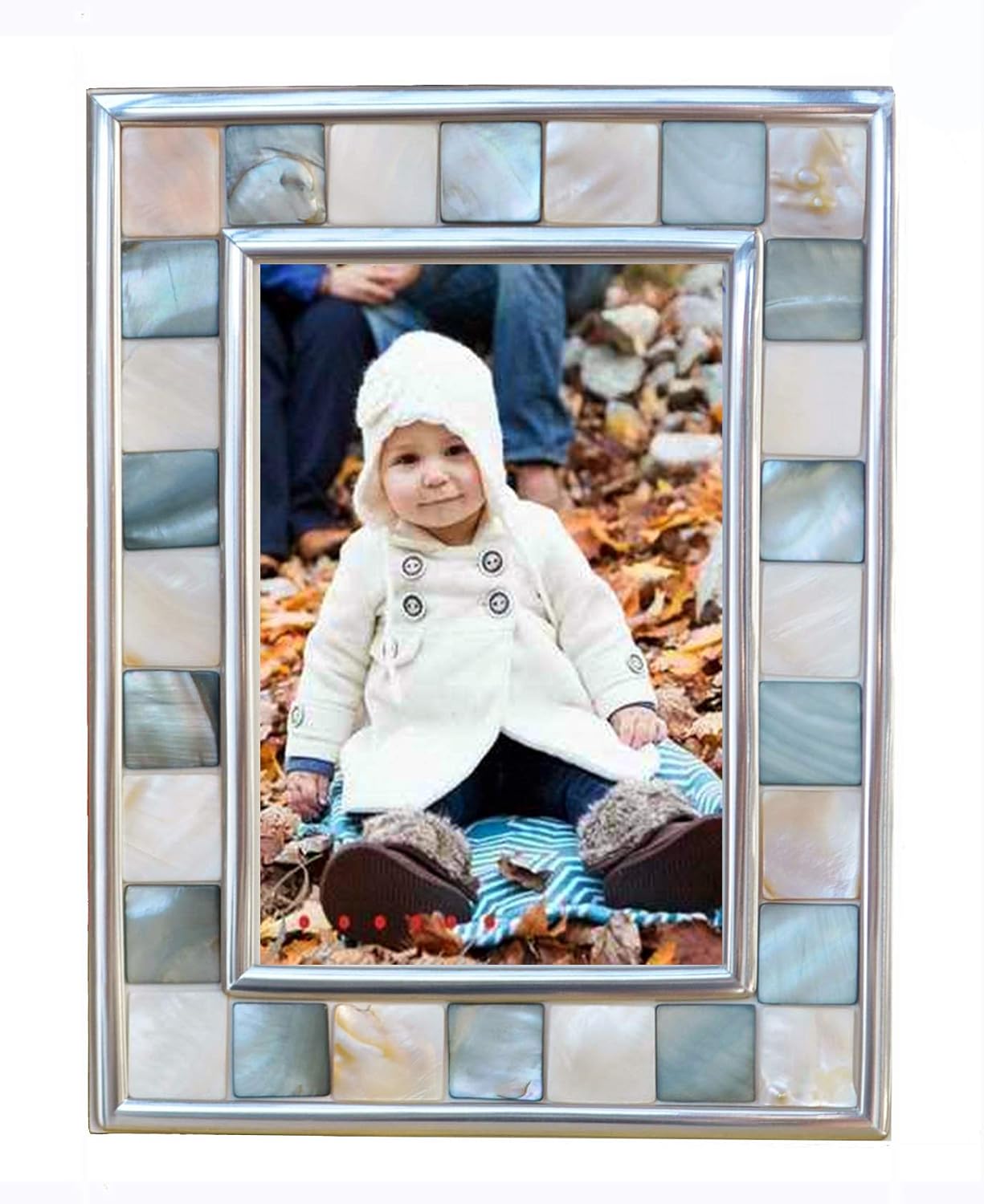 Silver Plate Picture Frame 5x7 Mother of Pearl 5 by 7 Photo Frame Mosaic Glass Tabletop Frame (Grey+ White,1pc)