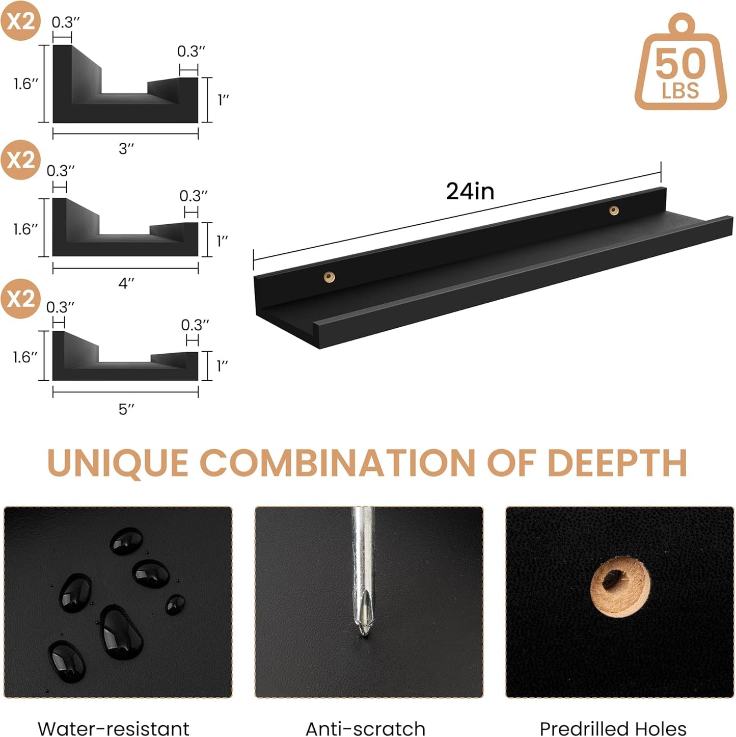 Acovy Picture Ledge Shelf Set of 6, 48 inch Long Large Floating Shelves for Wall with Lip, Wall Mounted Shelves for Living Room, Bedroom, Bathroom, Kitchen, Nursery,Oak